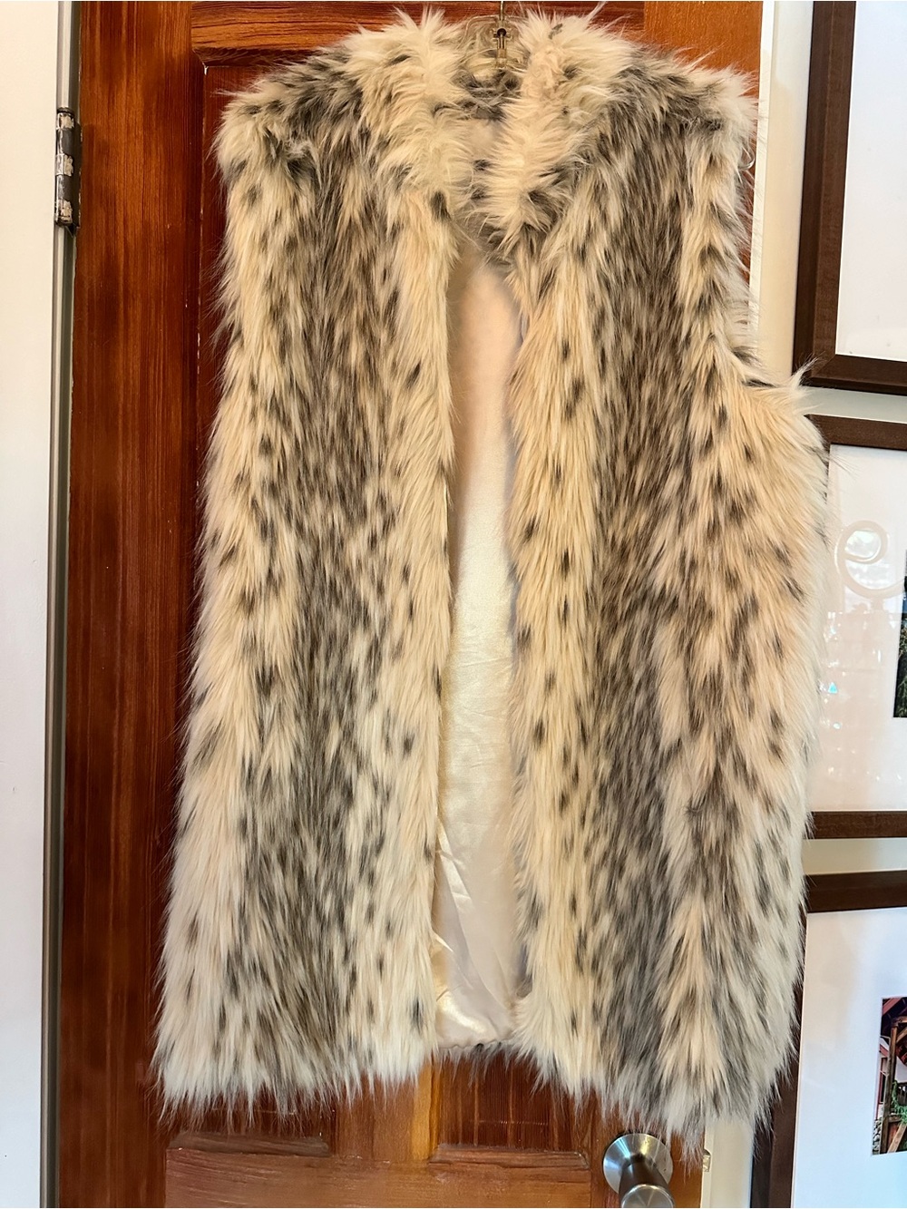 Black Rivet Cream and Gray Faux Fur Long Vest with Speckled Pattern